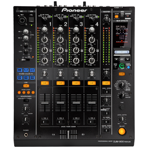 Pioneer DJM-900nxs Pioneer DJM-900nxs professional DJ mixer with four channels and advanced effects, available for rent at FX Rentals.